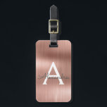 Etiqueta Para Maletas Nombre de monograma Metalizado cepillado de oro Ro<br><div class="desc">Rosa Oro } Rubor Rosado Cepillado Relieve metalizado Metalizado Nombre Monograma y Etiqueta de equipaje inicial. Esta etiqueta de bolso es perfecta para volver a la escuela,  trabajar o viajar.</div>