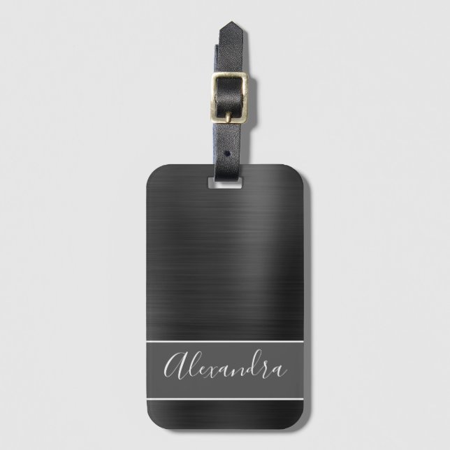 Etiqueta Para Maletas Nombre de monograma Metalizado cepillado negro (Anverso vertical)