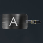 Etiqueta Para Maletas Nombre de monograma Metalizado cepillado negro e i<br><div class="desc">Nombre del Monograma de Relieve metalizado Metalizado cepillado metálico y etiqueta de equipaje inicial. Esta etiqueta de bolso es perfecta para volver a la escuela,  trabajar o viajar.</div>