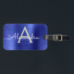 Etiqueta Para Maletas Nombre de monograma Metalizado y inicial cepillado<br><div class="desc">Nombre del Monograma de Relieve metalizado Metalizado cepillado azul de la Marina y etiqueta de equipaje inicial. Esta etiqueta de bolso es perfecta para volver a la escuela,  trabajar o viajar.</div>