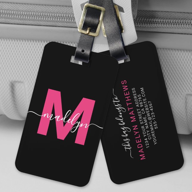 Etiqueta Para Maletas Nombre de monograma moderno de color rosa personal (Custom Modern Girly Pink Monogram Name Luggage Tag)