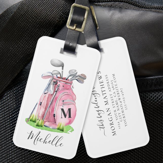 Etiqueta Para Maletas Nombre de Monograma Rosa (Pink Monogram Name Golf Luggage Tag)