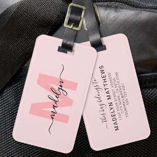Etiqueta Para Maletas Nombre de Monograma Rosa Personalizado Moderno
