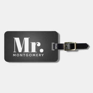 Etiqueta Para Maletas Nombre de Sr. Black Leather Script Monogrammed