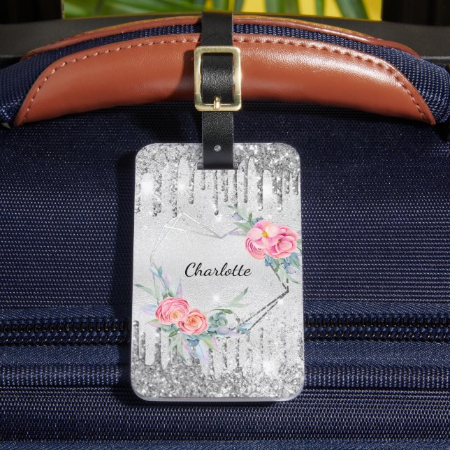 Etiqueta Para Maletas Nombre del monograma del purpurina rosado plateado (Anverso In situ 2)