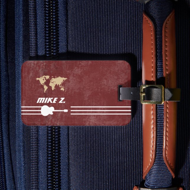 Etiqueta Para Maletas Nombre del viajero guitarista con rojo envejecido (Anverso In situ 4)