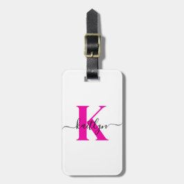 Etiqueta Para Maletas Nombre inicial negro rosado caliente monogramado