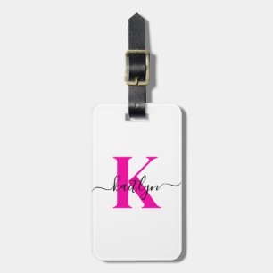 Etiqueta Para Maletas Nombre inicial negro rosado caliente monogramado