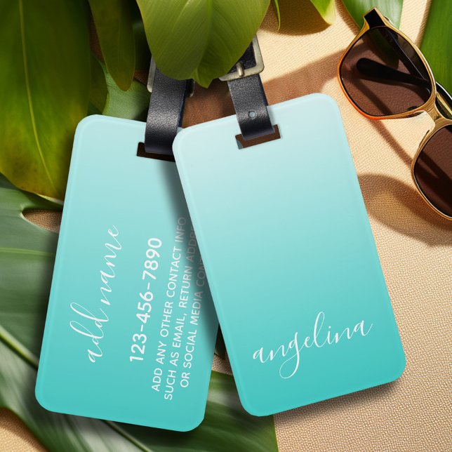 Etiqueta Para Maletas Nombre manuscrito del Personalizado verde azulado  (Personalized luggage tag with monogram - contact info on back)