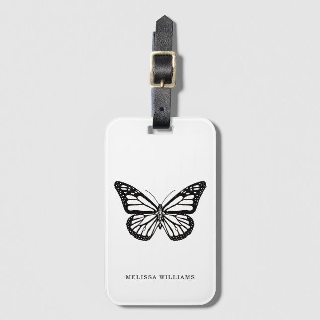 Etiqueta Para Maletas Nombre mariposa blanco y negro (Anverso vertical)