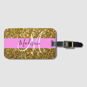 Etiqueta Para Maletas Nombre monograma con brillo rosa y dorado Glam