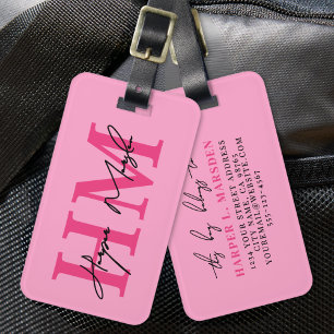 Etiqueta Para Maletas Nombre Monograma Femenino Rosa Brillante