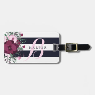 Etiqueta Para Maletas Nombre personalizado de Rose Bouquet & Navy Stripe