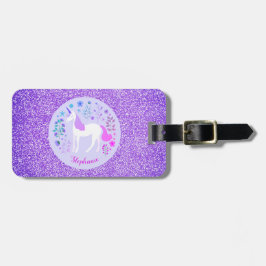 Etiqueta Para Maletas Nombre personalizado de unicornio morado Purpurina
