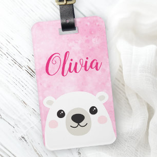 Etiqueta Para Maletas Nombre personalizado del oso polar blanco rosado