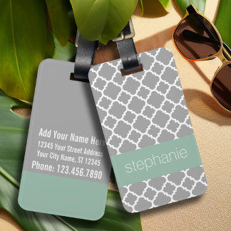 Etiqueta Para Maletas Nombre personalizado del patrón de quatrefoil gris