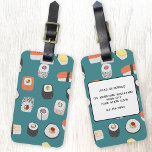 Etiqueta Para Maletas Nombre personalizado del sushi japonés<br><div class="desc">Escrupuloso y lindo patrón de sushi japonés en un fondo verde azulado profundo. Cambiar los detalles de contacto en la parte posterior.</div>