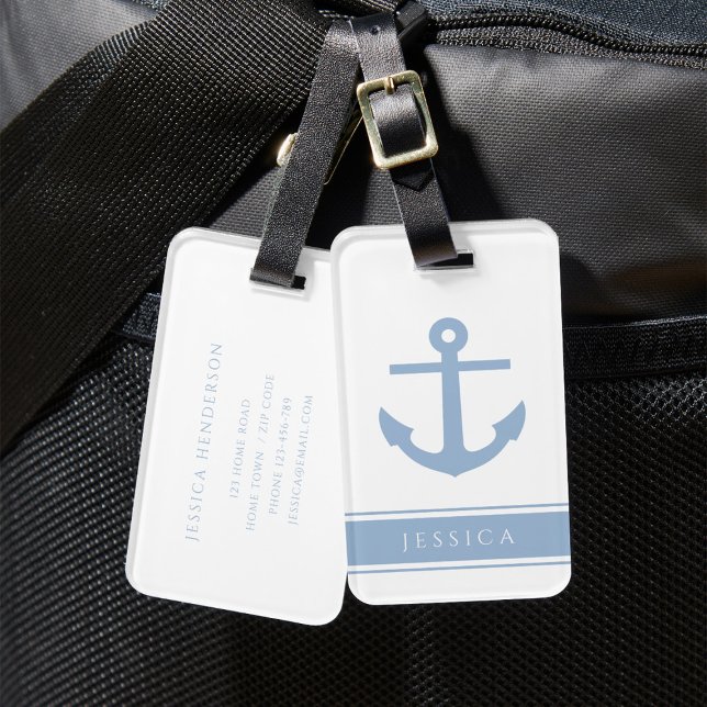 Etiqueta Para Maletas Nombre personalizado Dusty Azul Náutico (Modern Blue Nautical Anchor Custom Name Luggage Tag)