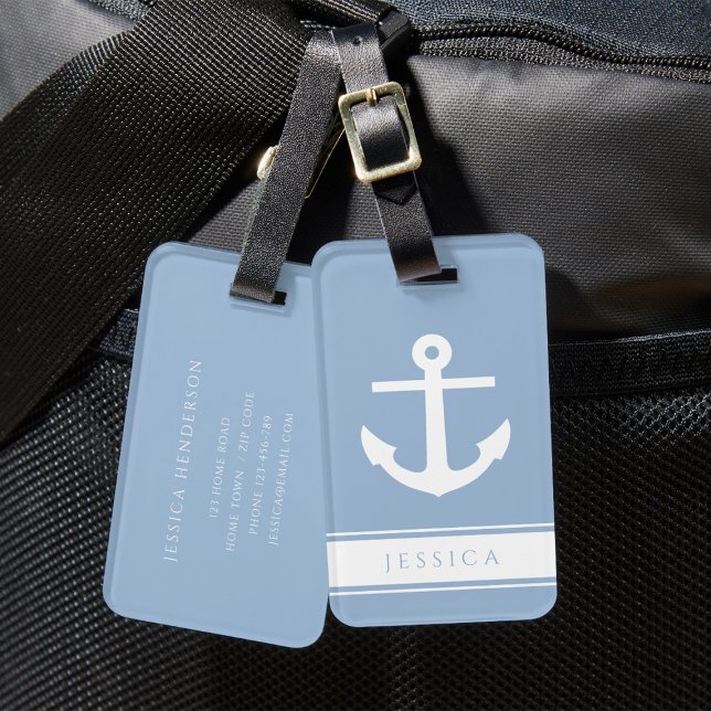 Etiqueta Para Maletas Nombre personalizado Dusty Azul Náutico (Nautical Anchor Custom Name Blue Luggage Tag)