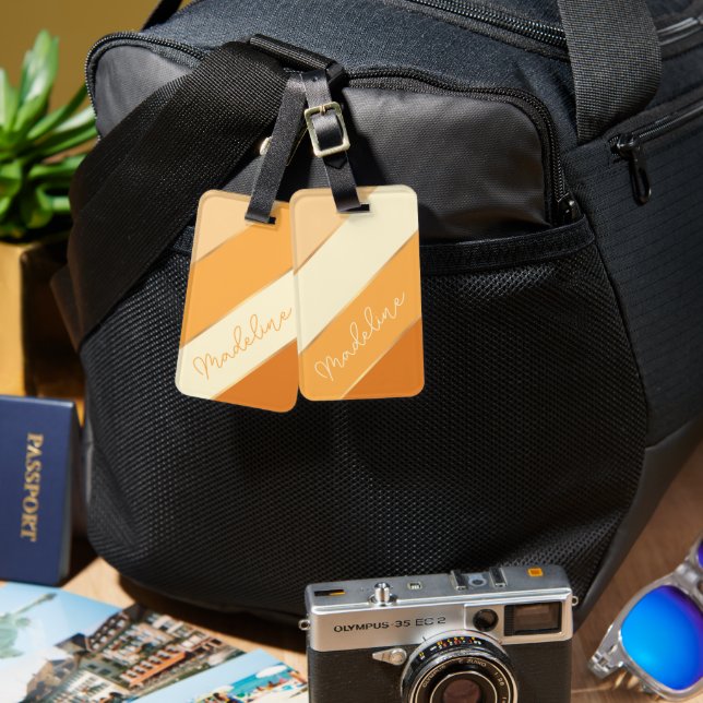 Etiqueta Para Maletas Nombre personalizado en franjas de Naranja amarill (Anverso & Reverso)