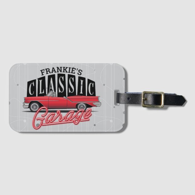 Etiqueta Para Maletas NOMBRE personalizado Faux Neon 1950's Classic Car  (Anverso horizontal)