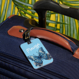 Etiqueta Para Maletas Nombre personalizado mariposa tropical azul cielo