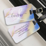 Etiqueta Para Maletas Nombre personalizado Monograma color de agua púrpu<br><div class="desc">Personaliza fácilmente este estilo glamoroso de pintura de acuarela lila abstracta y el fondo falso de pulverización dorada con tus detalles personalizados.</div>