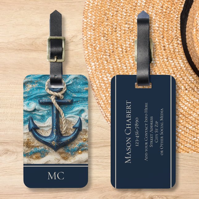 Etiqueta Para Maletas Nombre personalizado Playa de ancla náutica (unique fantasy nautical anchor luggage tag with custom name and information)