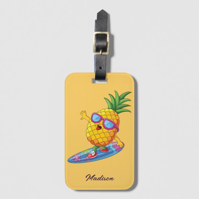 Etiqueta Para Maletas Nombre personalizado Surfing Pineapple (Anverso vertical)
