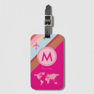 Etiqueta Para Maletas nombre rosado monograma avión viaje personalizado