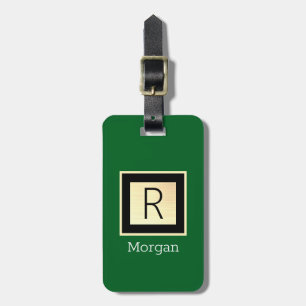 Etiqueta Para Maletas Nombre y Monograma, Caja Negra y Dorada Verde Bosq