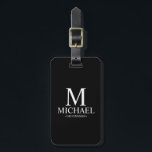 Etiqueta Para Maletas Nombre y monograma del Groomsman personalizado neg<br><div class="desc">Regalos Groomsman personalizados modernos en blanco y negro con monograma personalizado,  nombre y título de un groomsman en estilo de fuente clásico blanco sobre fondo negro. También perfecto para el Mejor Hombre,  Padre de la Novia y más.</div>