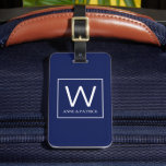 Etiqueta Para Maletas Nombres familiares de parejas de monograma inicial<br><div class="desc">Un elegante diseño de monograma sobre fondo azul marino con borde cuadrado,  personalizado con su familia inicial y nombres de pila...  para identificar fácilmente su equipaje.</div>
