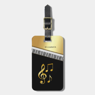 Etiqueta Para Maletas Notas de Música, Teclas de Piano Negras Doradas Mo