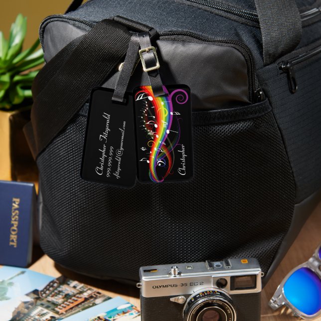 Etiqueta Para Maletas Notas personalizadas de música en arcoiris blanca  (Anverso & Reverso)