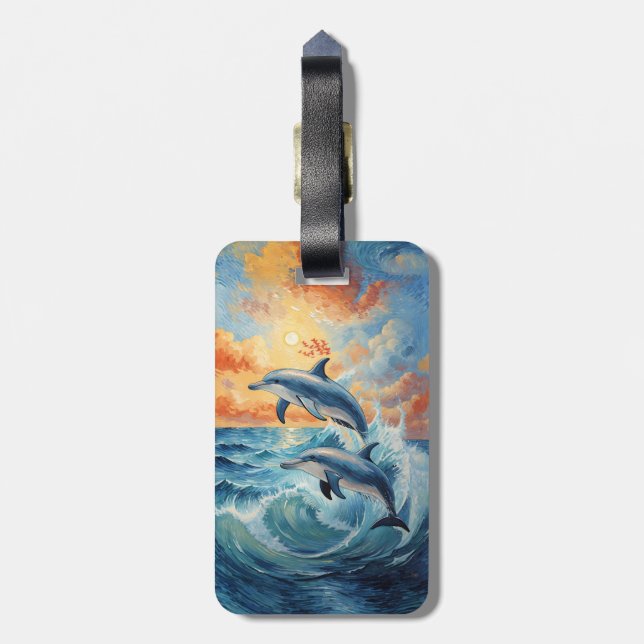 Etiqueta Para Maletas Océano atardecer artístico de dos delfines saltand (Atrás Vertical)