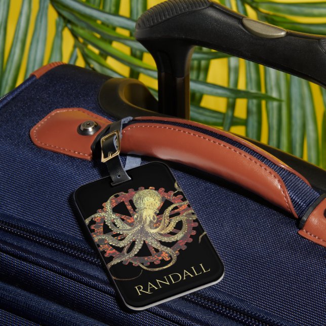 Etiqueta Para Maletas Octopo de Steampunk personalizado y relojería rust (Anverso In situ 1)
