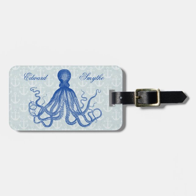 Etiqueta Para Maletas Octopus azul vintage con anclas personalizadas (Frente Horizontal)