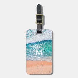 Etiqueta Para Maletas Olas de playa, Monograma blanco en la información
