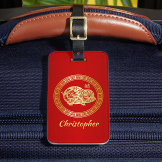 Etiqueta Para Maletas Ornate Golden Red Papercut Año del Cerdo