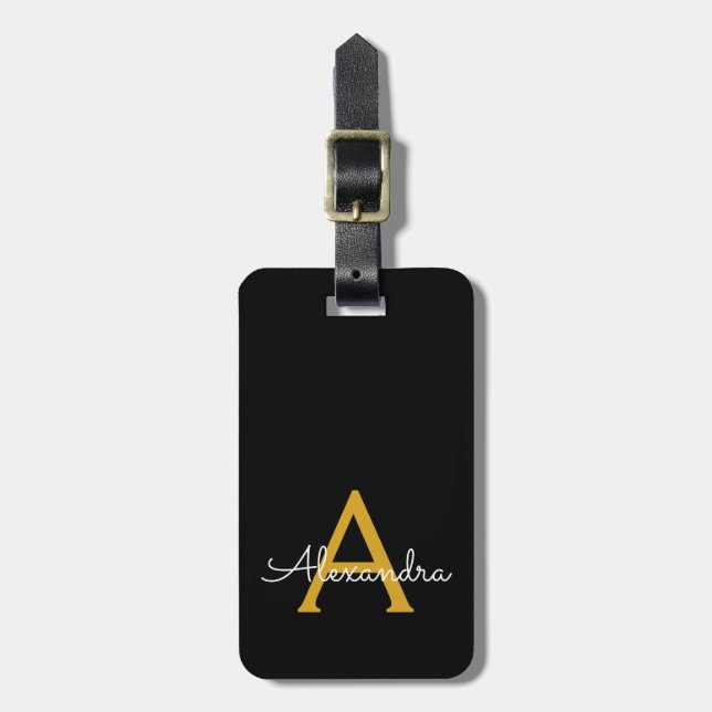 Etiqueta Para Maletas Oro Negro Nombre Monograma Script Letra Moderna (Frente Vertical)