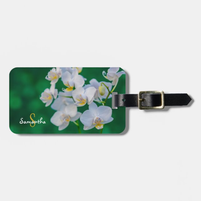 Etiqueta Para Maletas Orquídeas Blancas sobre Verde (Frente Horizontal)