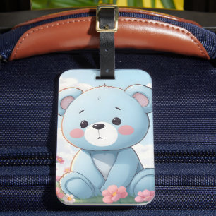 Etiqueta Para Maletas Osito de peluche azul lindo en jardín