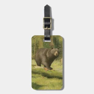 Etiqueta Para Maletas Oso negro que camina en un tronco de árbol