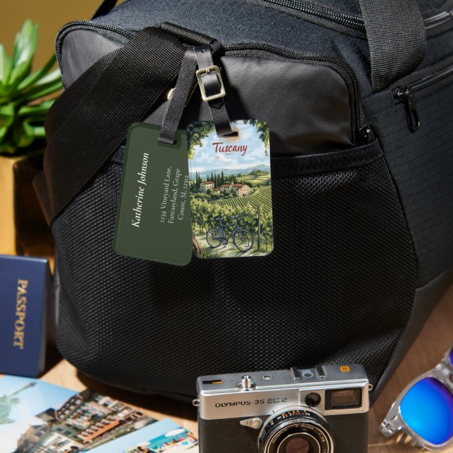 Etiqueta Para Maletas Paisaje toscano con viñedos y bicicleta (Anverso & Reverso)