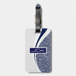 Etiqueta Para Maletas Paisley azul y blanca de la Marina Monogramada