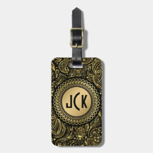 Etiqueta Para Maletas Paisley Floral Monogramada Black & Gold Vintage