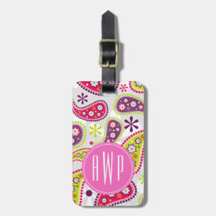 Etiqueta Para Maletas Paisley y monograma rosado