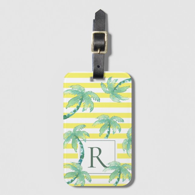 Etiqueta Para Maletas Palmeras acuáticas y monograma rayado amarillo (Anverso vertical)