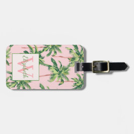 Etiqueta Para Maletas Palmeras tropicales en monograma rosa